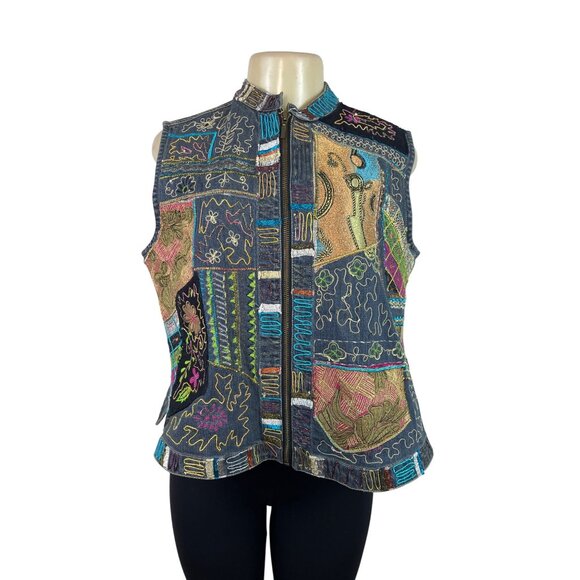Chicos Womens Embroidered Denim Vest Multicolor Zip Front Sleeveless Sz 2 - Picture 1 of 6